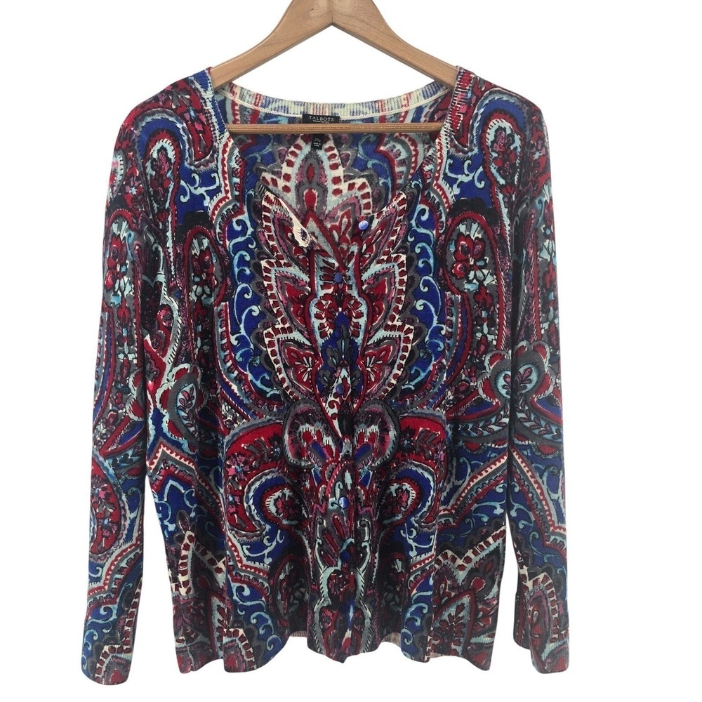 Talbots Cardigan Womens 2XP Merino Wool Paisley Blue Red Button Front EUC